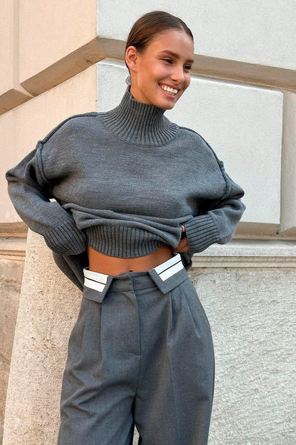 High Neck Patchwork Knit Sweater