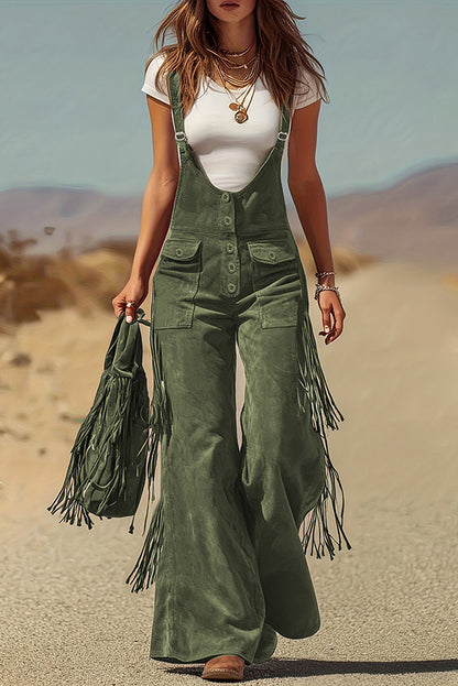 Stylish Suede Tassel Button Pocket Casual Wide-leg Overalls
