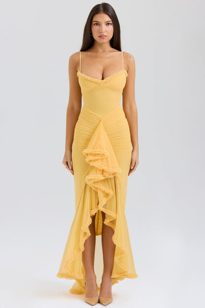 Sweetheart Spaghetti Strap Ruched Mesh Ruffle Trim Wrap High Slit Maxi Dress