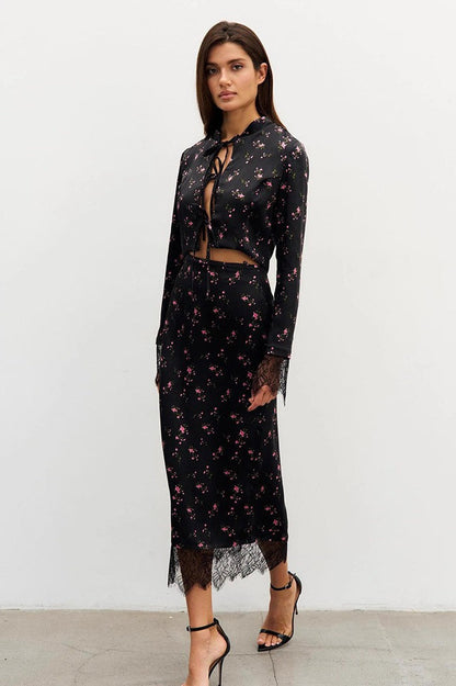 Button Front Floral Long Sleeve Blouse Skirt Set