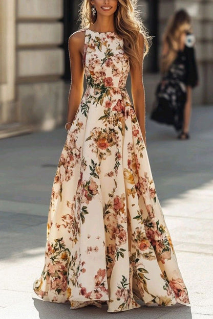 Floral Print Round Neck Sleeveless Elegant Maxi Dress