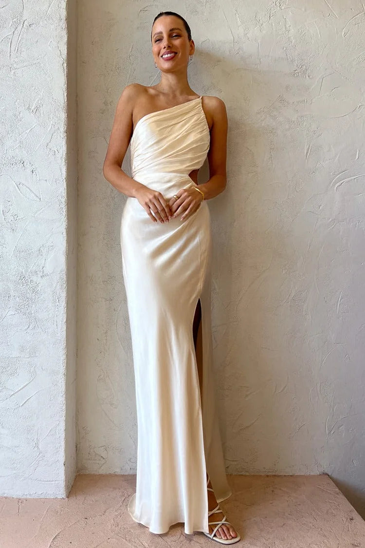 One-Shoulder Ruched Satin Waist Cutout High-Slit Maxi Gown