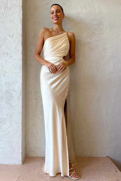 One-Shoulder Ruched Satin Waist Cutout High-Slit Maxi Gown