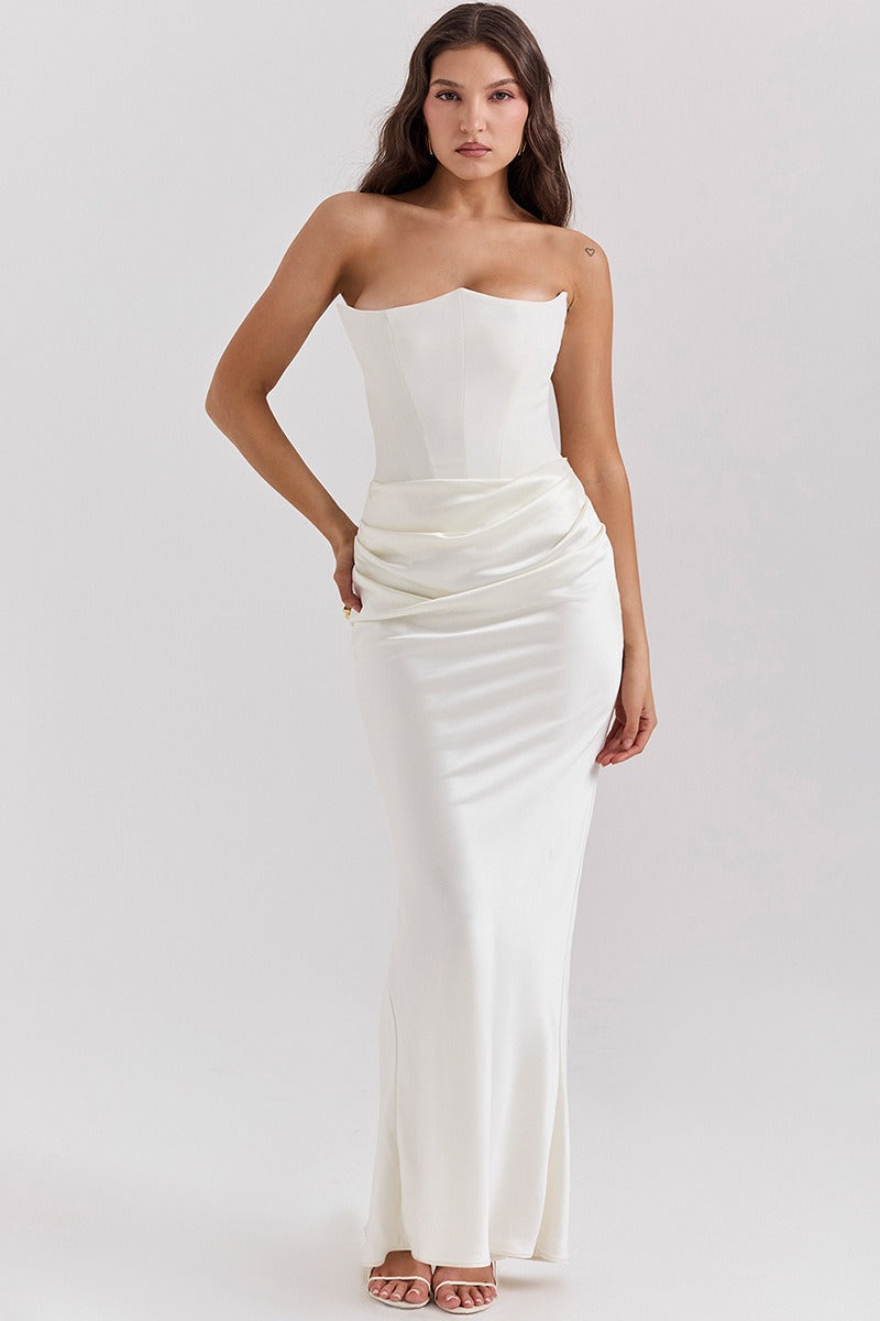 Strapless Corset Bodice Draped Hip Ruched Column Maxi Dress