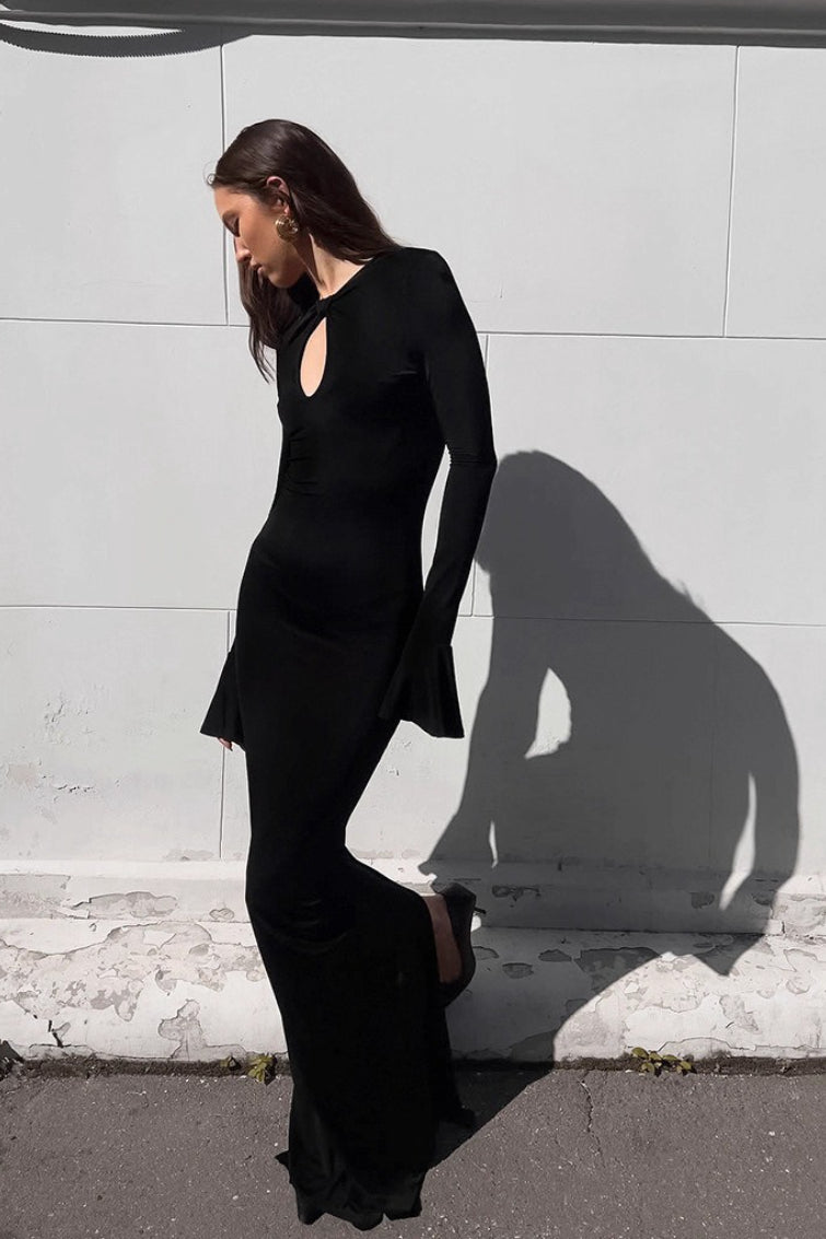 Mock Neck Keyhole Cutout Long Sleeve Flared Cuff Bodycon Maxi Dress