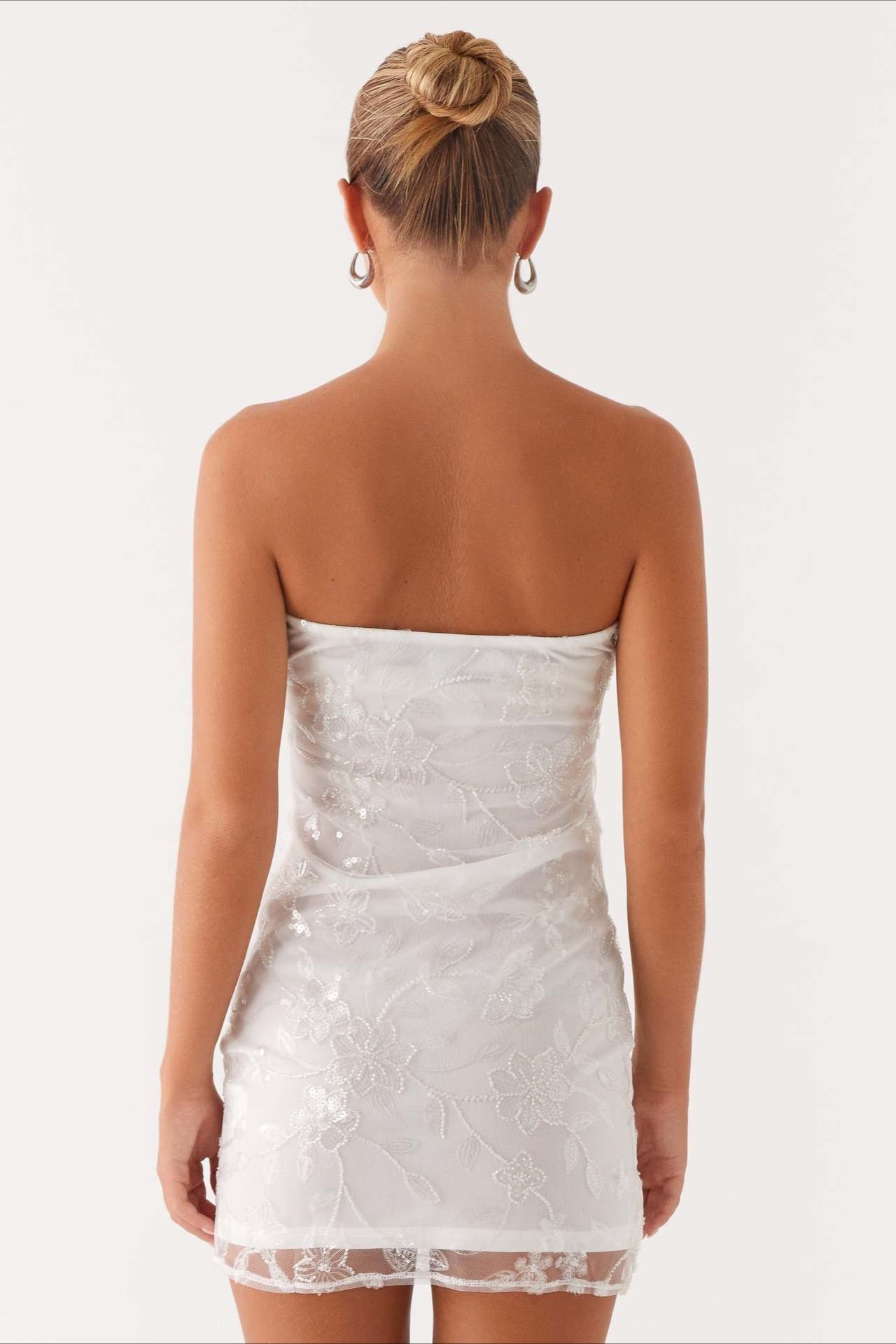 Strapless Floral Embroidered Sequin Mesh Ruched Bodycon Mini Dress
