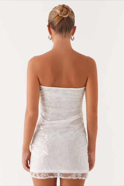Strapless Floral Embroidered Sequin Mesh Ruched Bodycon Mini Dress