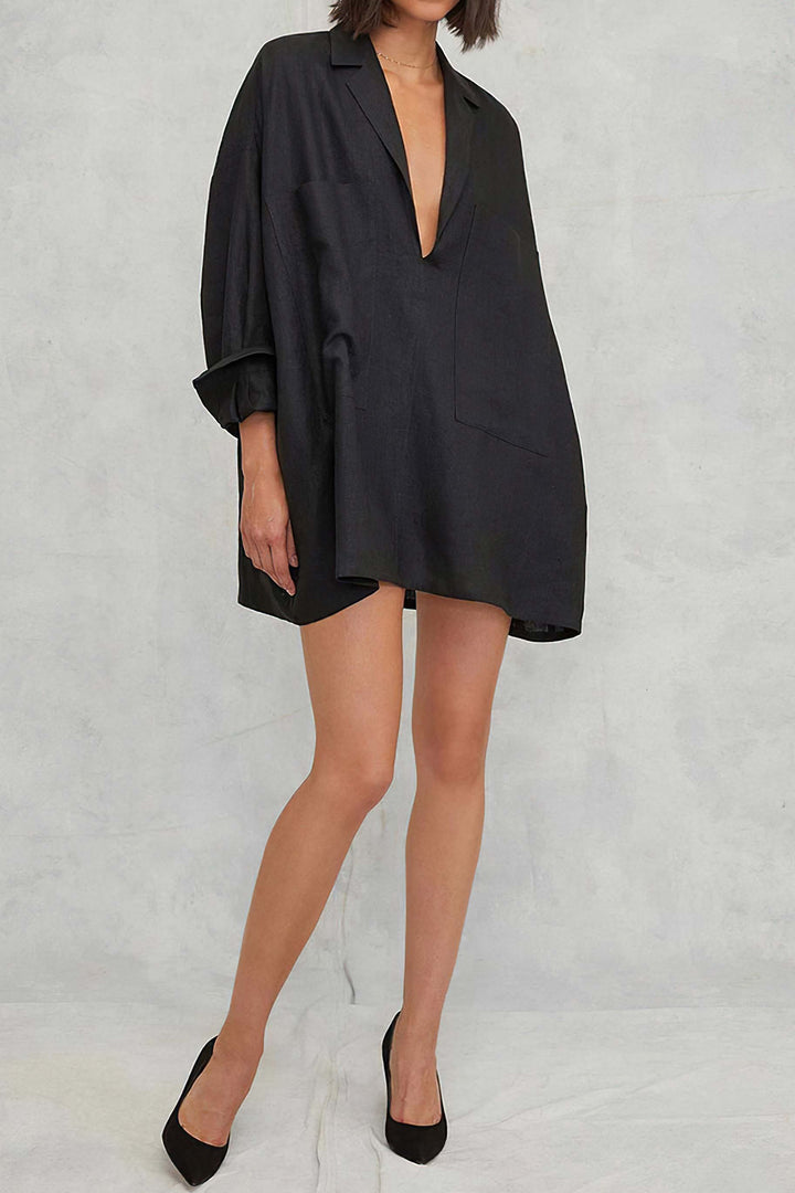 Oversized Deep V-Neck Patch Pocket Linen Shirt Mini Dress