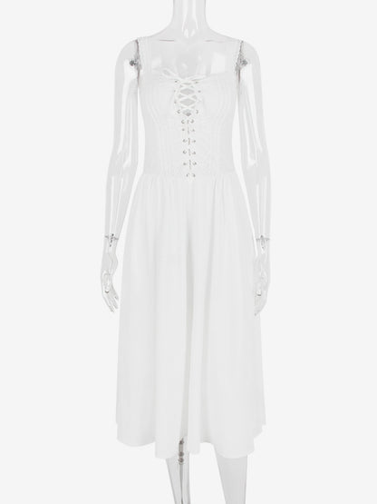 White Corset Dress Cutout Wide Strap Lace Trim Backless Cottagecore Midi Dresses