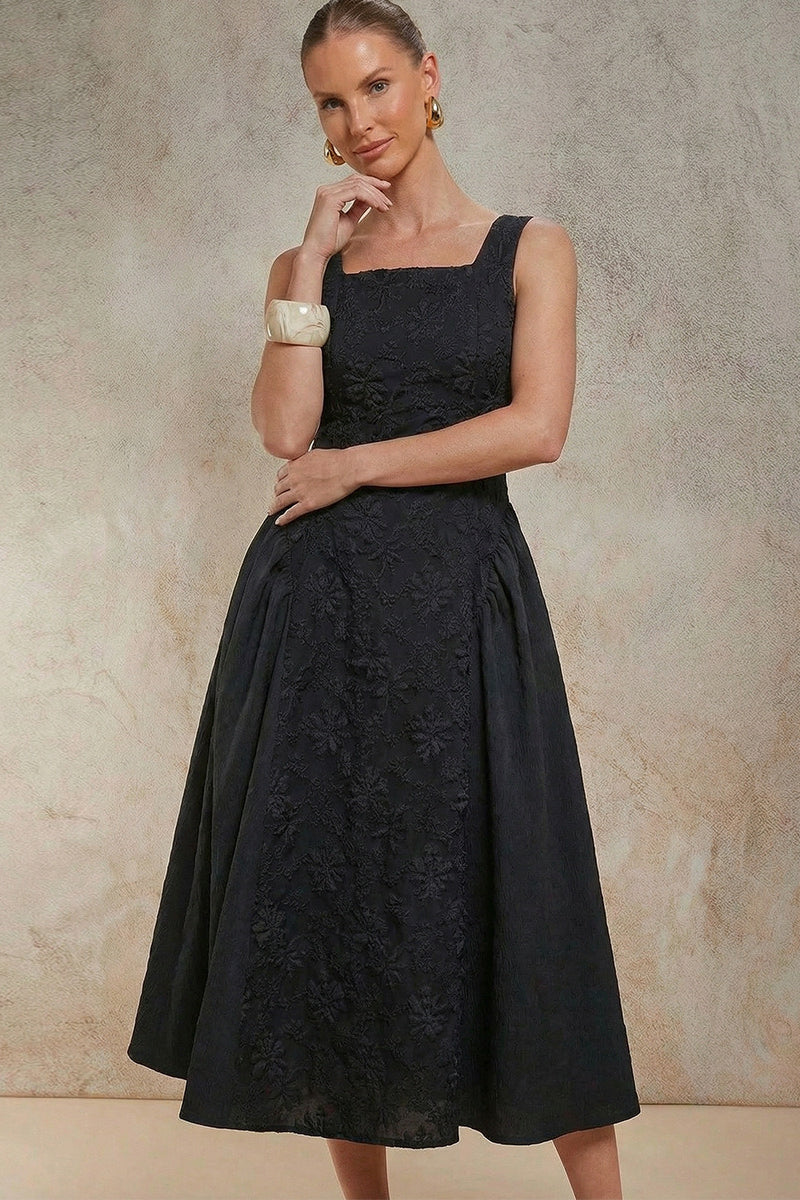 Square Neck Sleeveless Floral Embroidered Center Panel A-Line Midi Dress