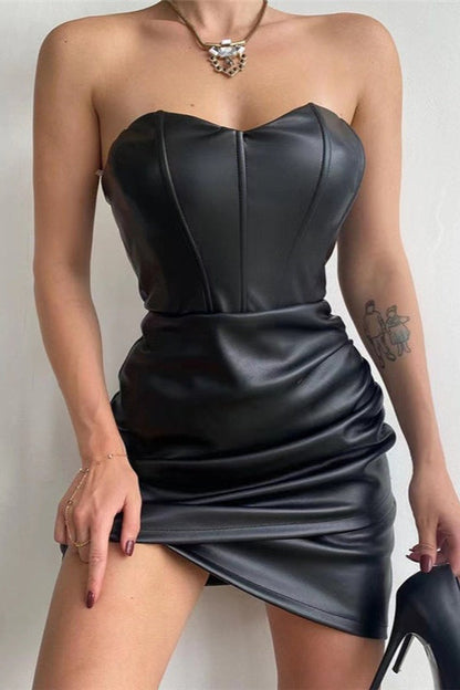 Strapless Corset Boned Ruched Faux Leather Bodycon Mini Dress