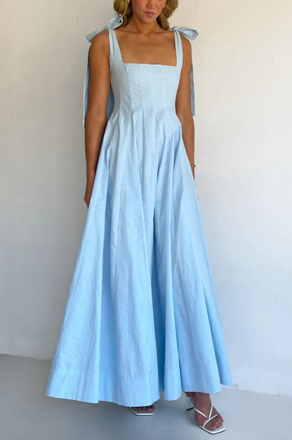 Solid Color Sleeveless Tie-up Suspender Elegant Patchwork Maxi Dress