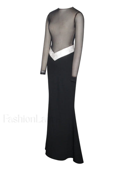 Aggie Black Sheer Maxi Graceful Dress With Crystal Waist Trim