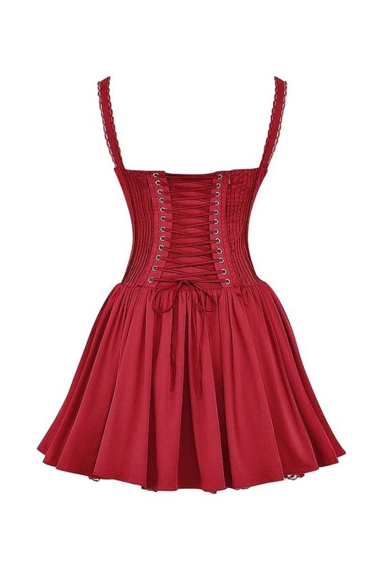 Lace Trim Sweetheart Ruched Bust Corset Bodice Pleated Fit and Flare Mini Dress
