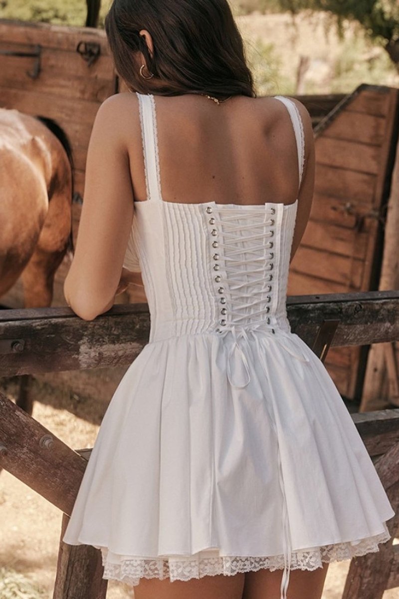 Lace Trim Sweetheart Ruched Bust Corset Bodice Pleated Fit and Flare Mini Dress