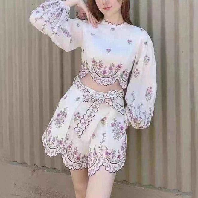 KittenAlarm - Ailana Puff Sleeve Crop Top & Shorts Set
