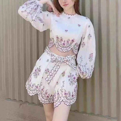 KittenAlarm - Ailana Puff Sleeve Crop Top & Shorts Set