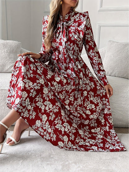 Floral Print Bow Tie Neck Long Sleeve Pleated A-Line Midi Dress