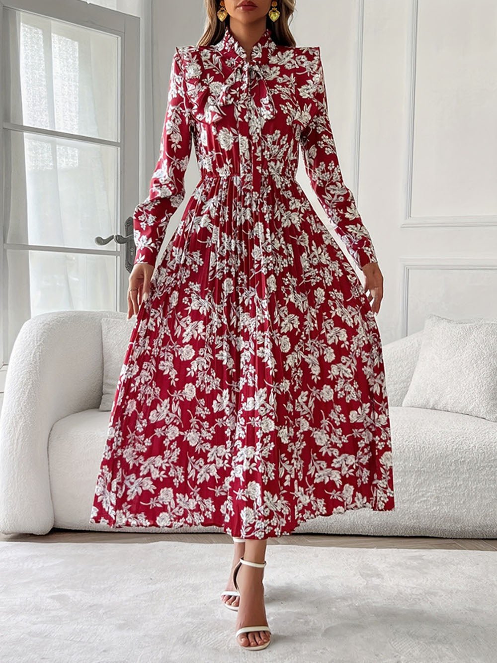 Floral Print Bow Tie Neck Long Sleeve Pleated A-Line Midi Dress