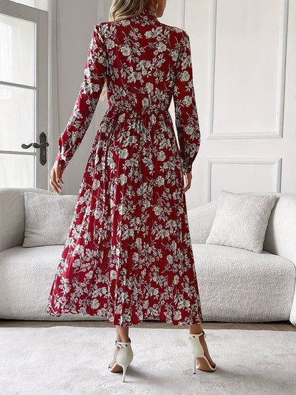 Floral Print Bow Tie Neck Long Sleeve Pleated A-Line Midi Dress
