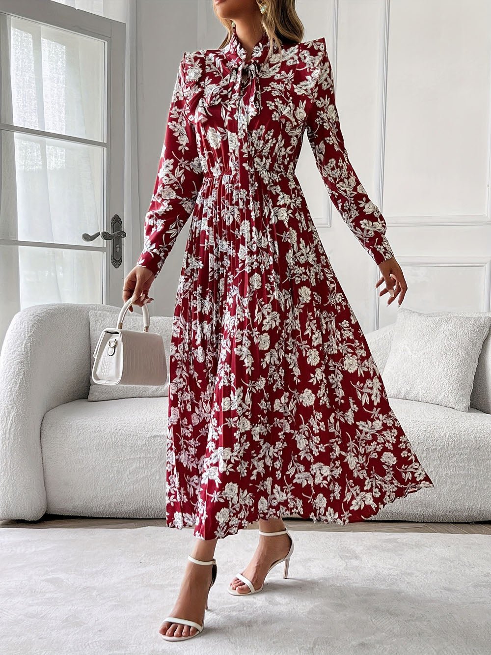 Floral Print Bow Tie Neck Long Sleeve Pleated A-Line Midi Dress