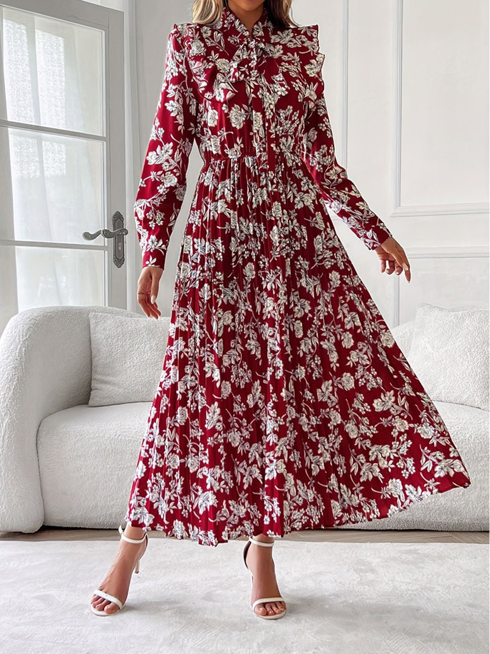 Floral Print Bow Tie Neck Long Sleeve Pleated A-Line Midi Dress