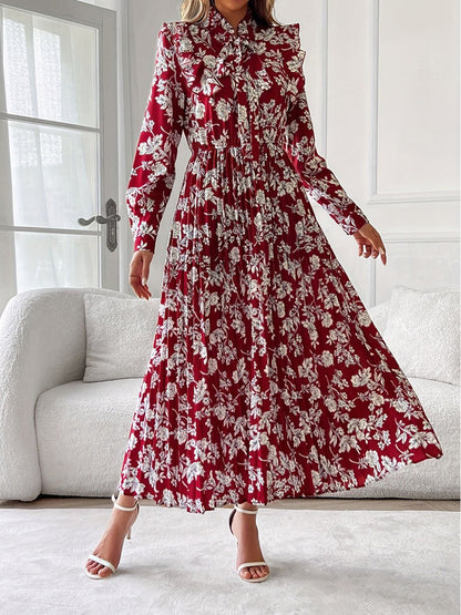 Floral Print Bow Tie Neck Long Sleeve Pleated A-Line Midi Dress
