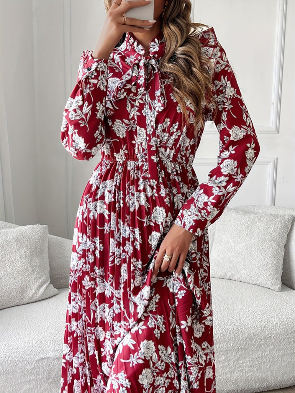 Floral Print Bow Tie Neck Long Sleeve Pleated A-Line Midi Dress