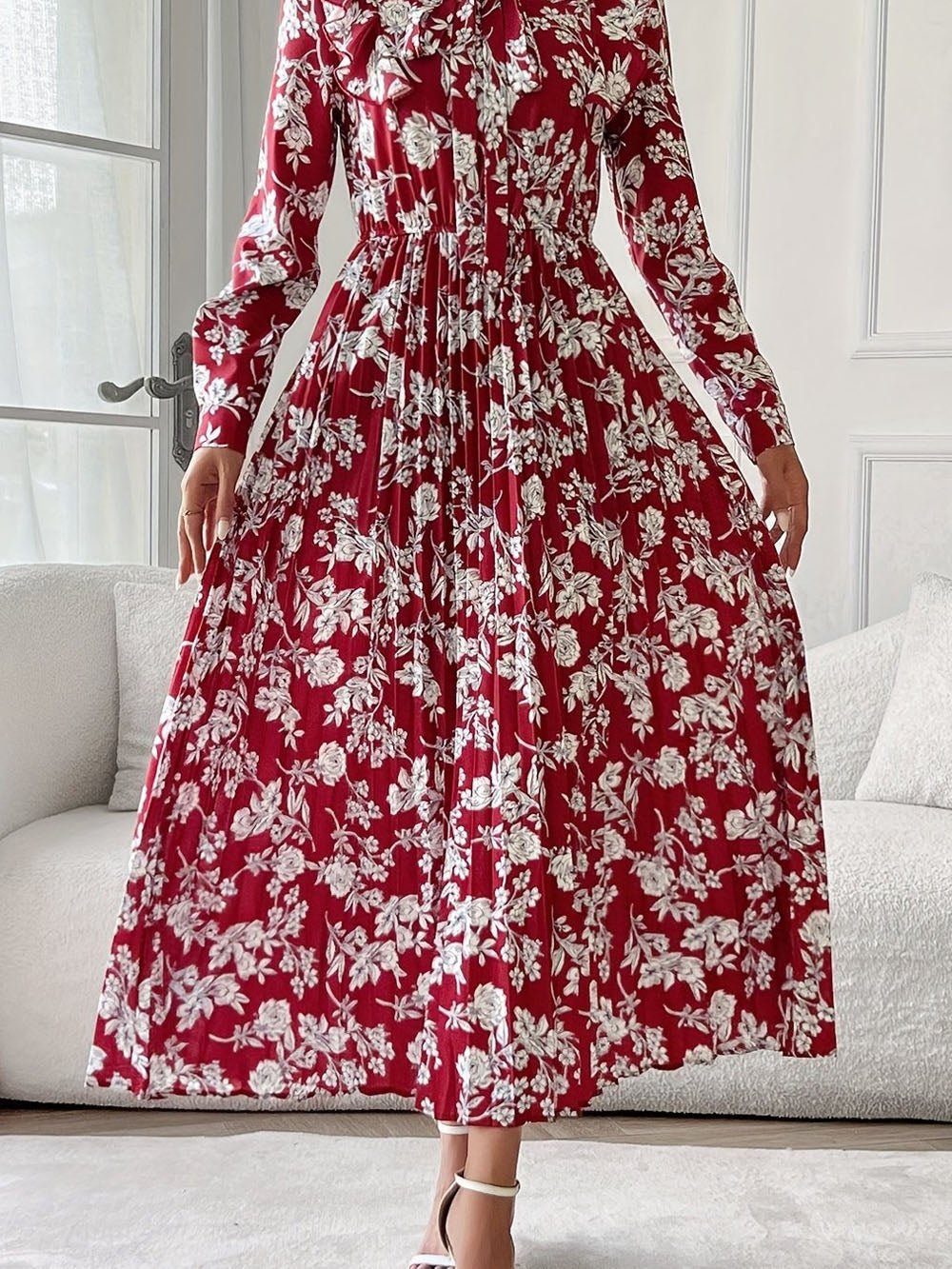 Floral Print Bow Tie Neck Long Sleeve Pleated A-Line Midi Dress