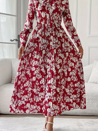 Floral Print Bow Tie Neck Long Sleeve Pleated A-Line Midi Dress