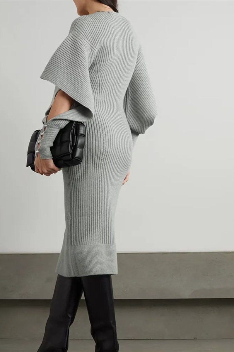 Ribbed Knit Deep V-Neck Bell Sleeve Button Cuff Bodycon Midi Knit Dress