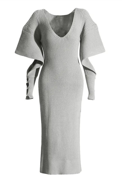 Ribbed Knit Deep V-Neck Bell Sleeve Button Cuff Bodycon Midi Knit Dress