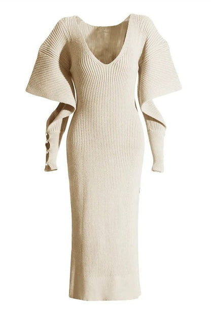Ribbed Knit Deep V-Neck Bell Sleeve Button Cuff Bodycon Midi Knit Dress