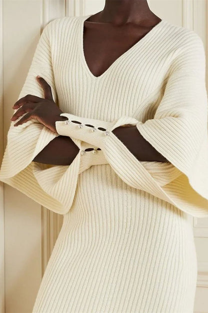 Ribbed Knit Deep V-Neck Bell Sleeve Button Cuff Bodycon Midi Knit Dress