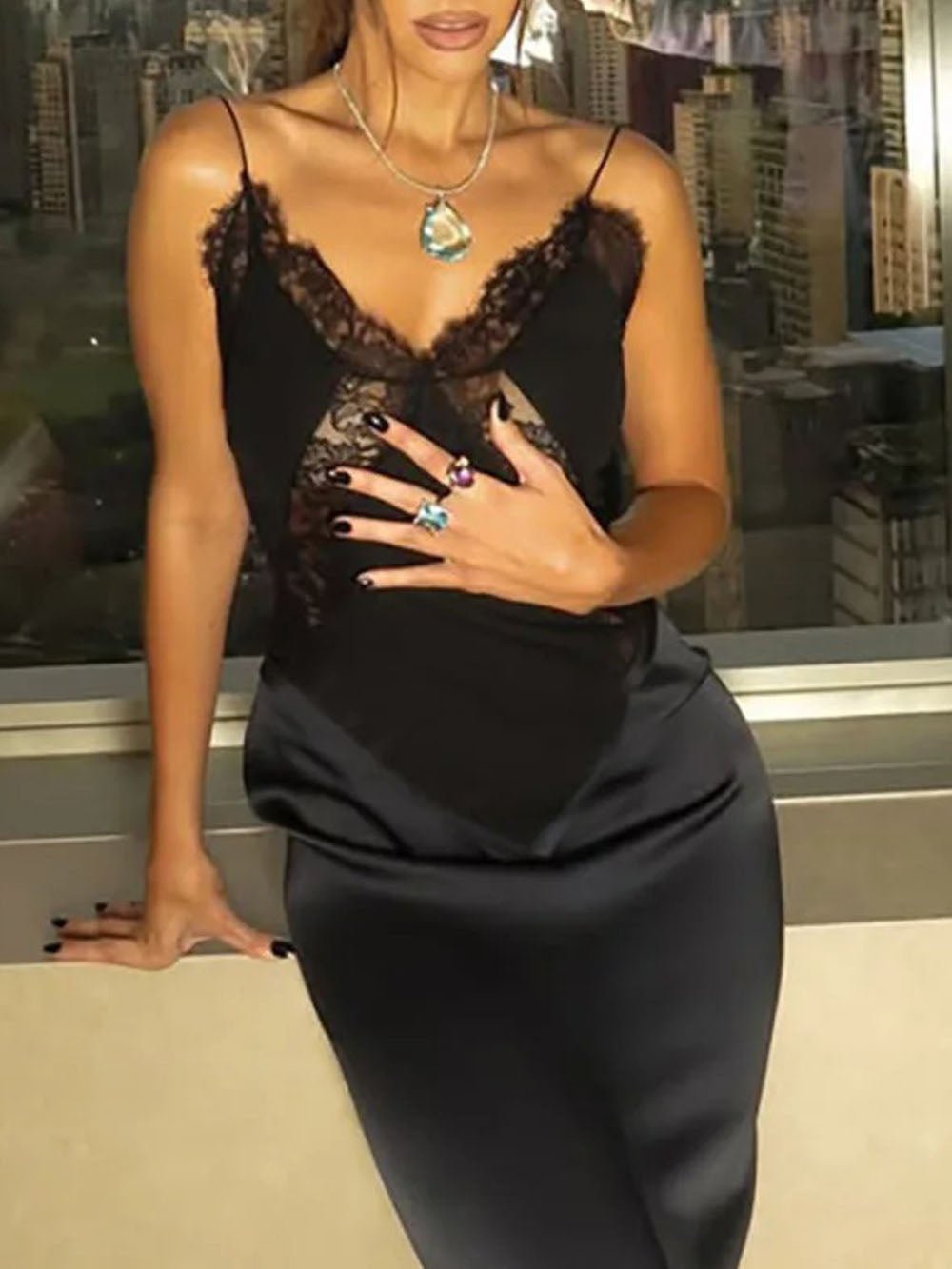 Lace Panel Spaghetti Strap V-Neck Maxi Dress