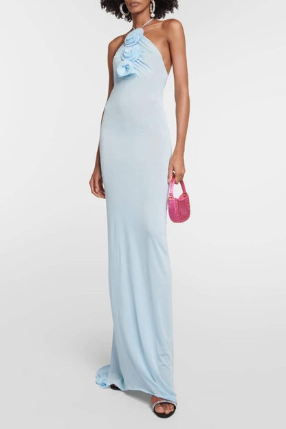 Halter Neck 3D Rosette Appliqué Gathered Bodice Maxi Dress