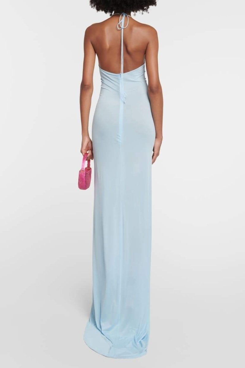 Halter Neck 3D Rosette Appliqué Gathered Bodice Maxi Dress