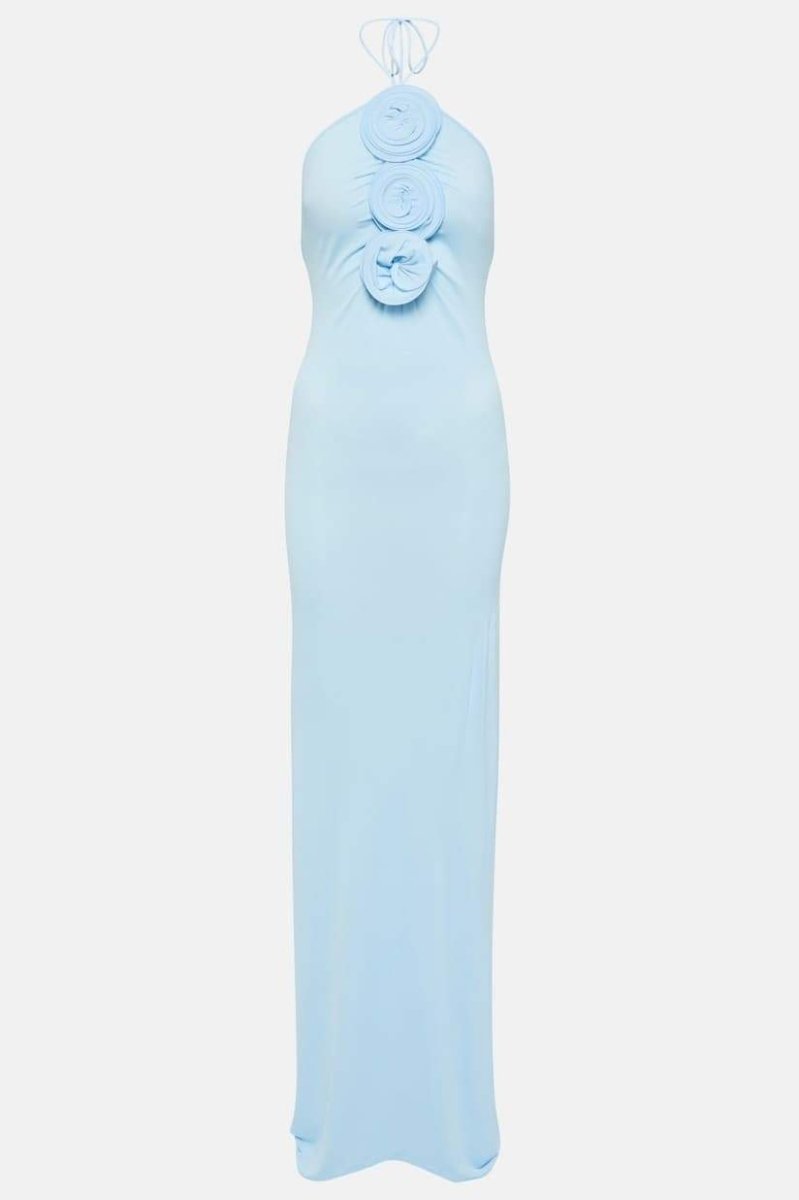 Halter Neck 3D Rosette Appliqué Gathered Bodice Maxi Dress