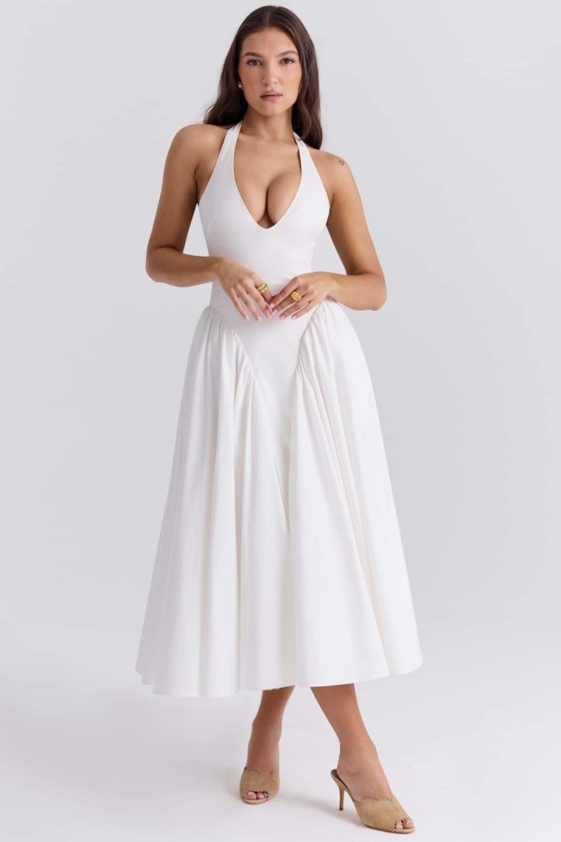 Halter Deep V Basque Waist Pleated Full Skirt Midi Dress