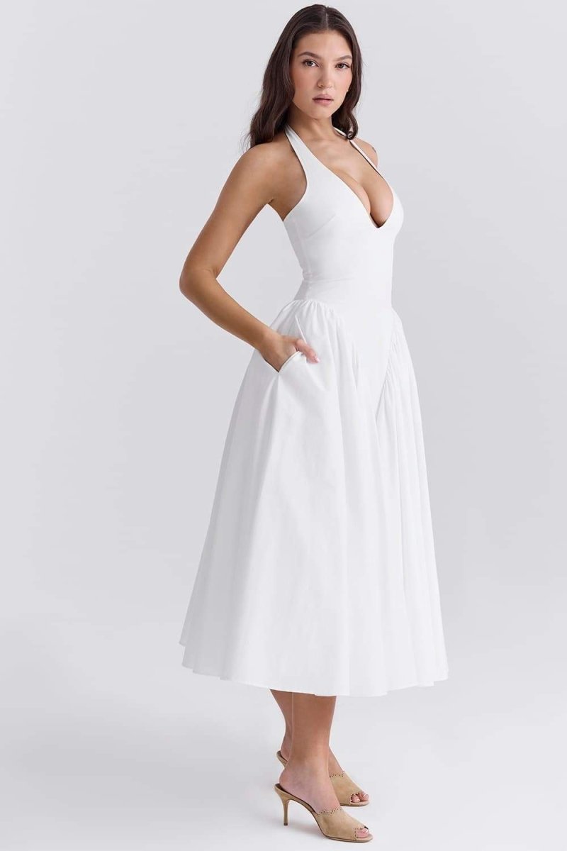 Halter Plunging V-Neck Basque Waist Pleated Midi Dress