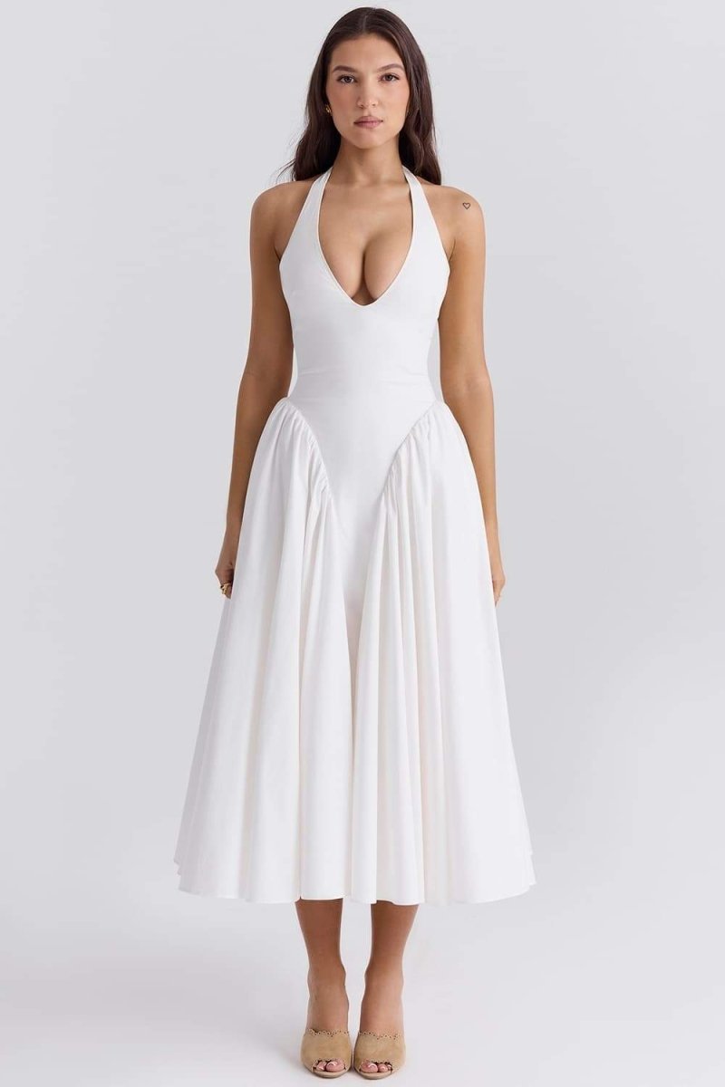Halter Deep V Basque Waist Pleated Full Skirt Midi Dress