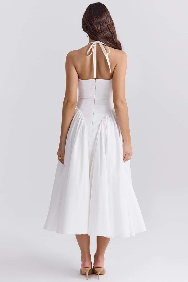 Halter Deep V Basque Waist Pleated Full Skirt Midi Dress