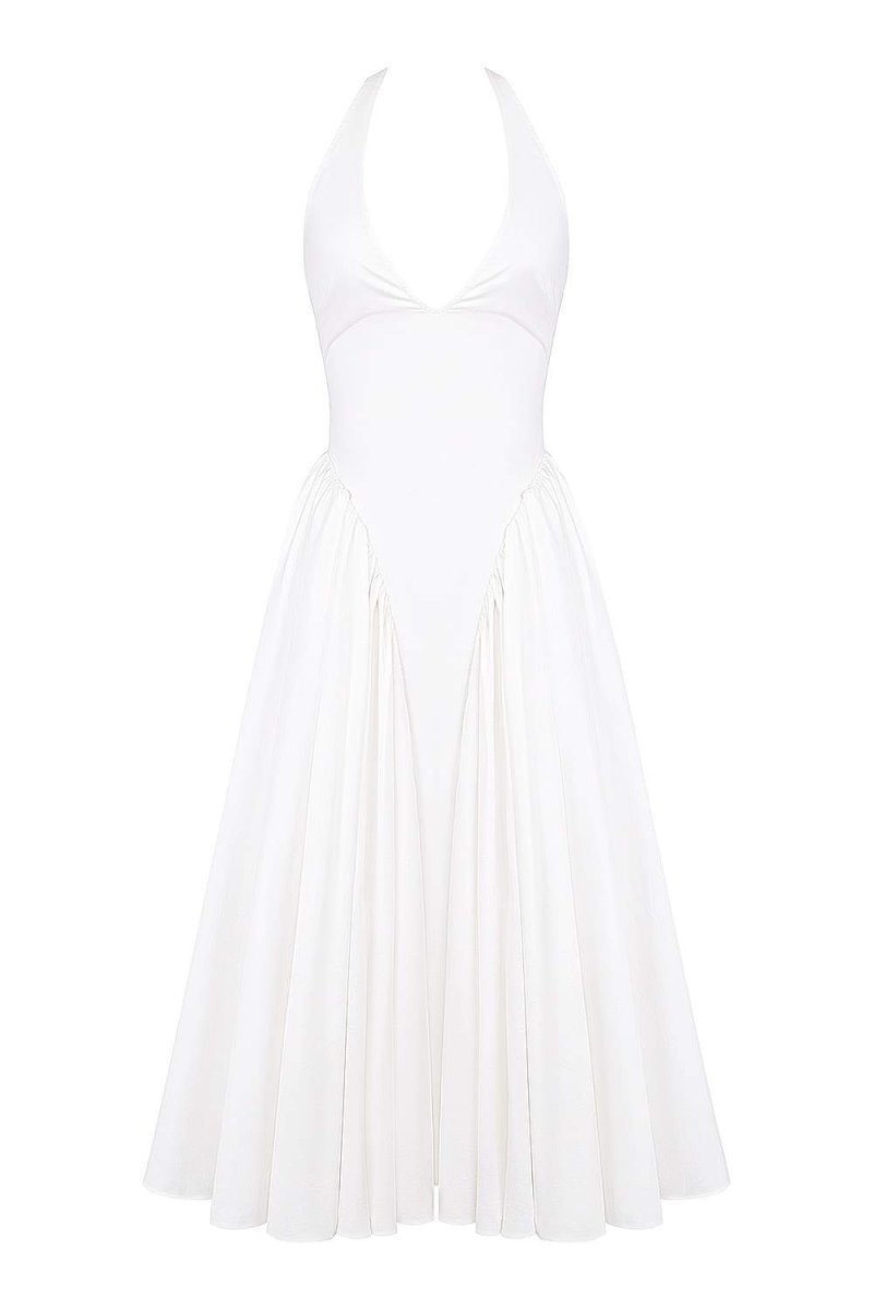 Halter Deep V Basque Waist Pleated Full Skirt Midi Dress