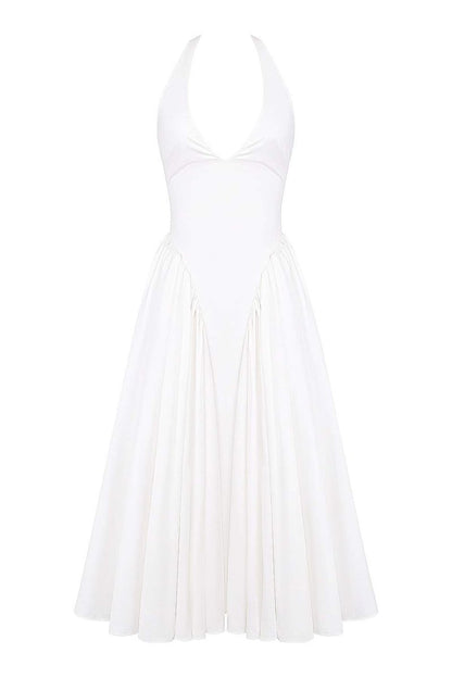 Halter Deep V Basque Waist Pleated Full Skirt Midi Dress