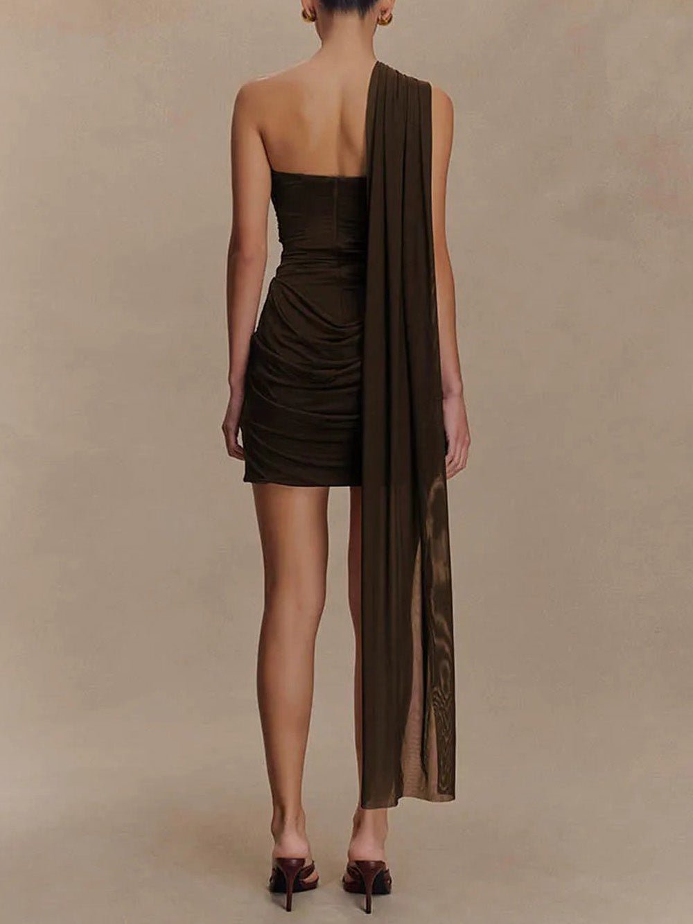 One-Shoulder Ruched Draped Bodycon Mini Dress With Trailing Sash