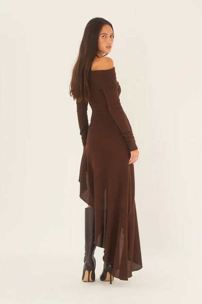 Off Shoulder Long Sleeve Rib Knit Handkerchief Hem Maxi Dress