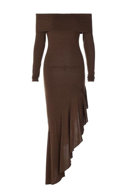 Off Shoulder Long Sleeve Rib Knit Handkerchief Hem Maxi Dress