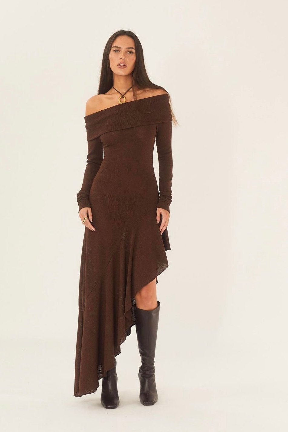Off Shoulder Long Sleeve Rib Knit Handkerchief Hem Maxi Dress