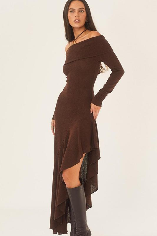 Off Shoulder Long Sleeve Rib Knit Handkerchief Hem Maxi Dress