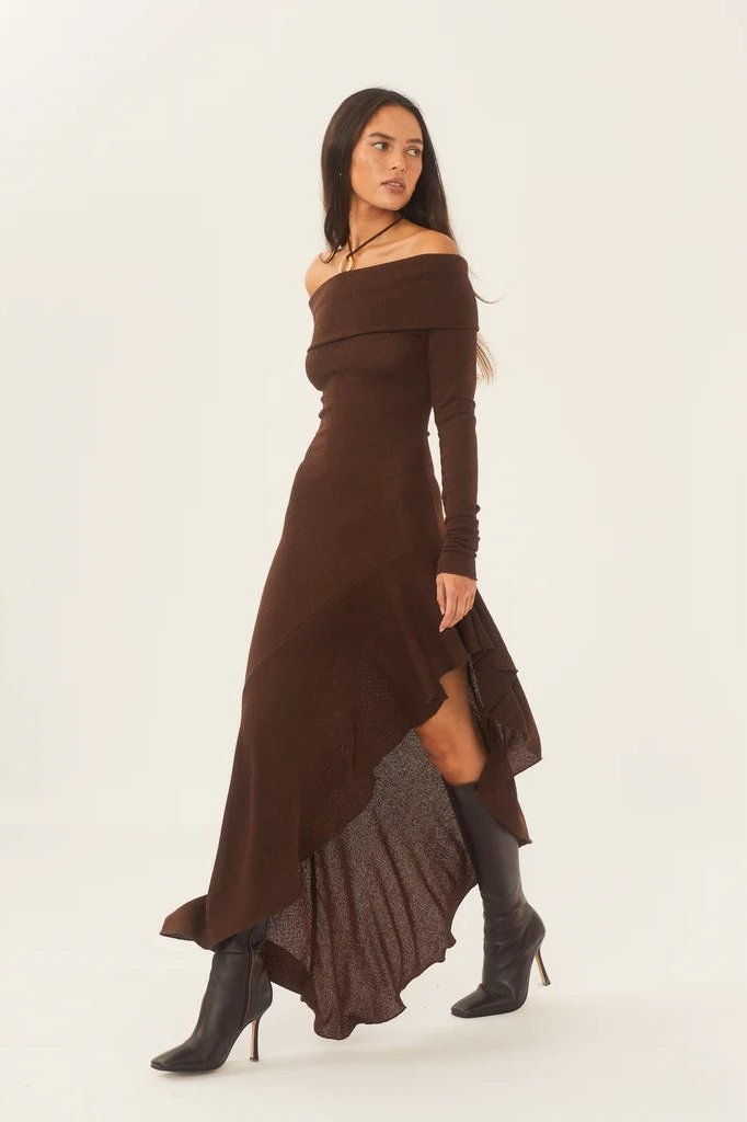 Off Shoulder Long Sleeve Rib Knit Handkerchief Hem Maxi Dress